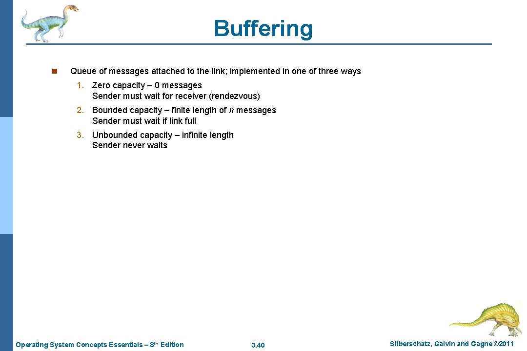 Buffering n Queue of messages attached to the link; implemented in one of three