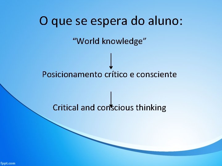 O que se espera do aluno: “World knowledge” Posicionamento crítico e consciente Critical and