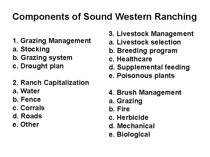 Components of Sound Western Ranching 1. Grazing Management a. Stocking b. Grazing system c.