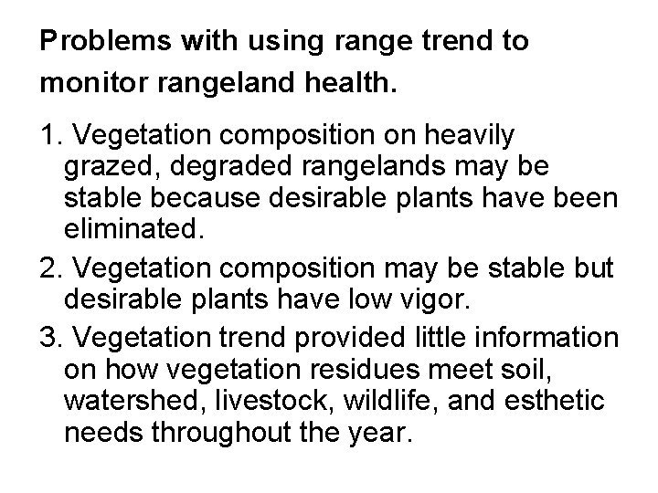 Problems with using range trend to monitor rangeland health. 1. Vegetation composition on heavily