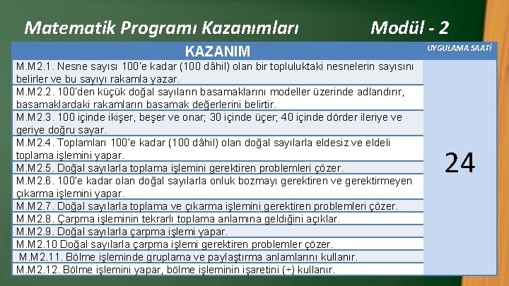 Matematik Programı Kazanımları Modül - 2 KAZANIM M. M 2. 1. Nesne sayısı 100’e