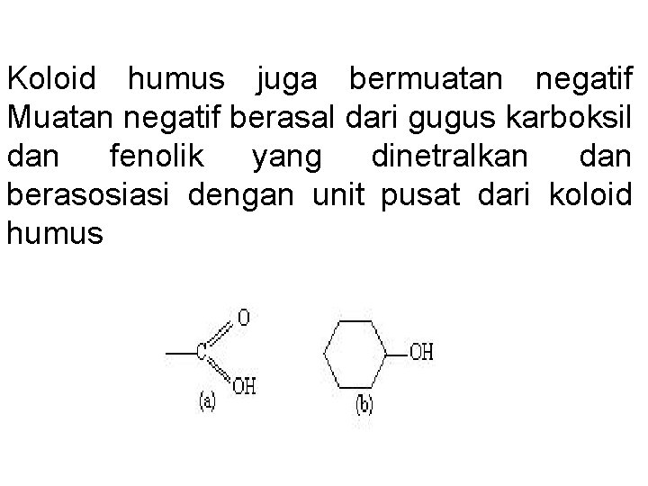 Koloid humus juga bermuatan negatif Muatan negatif berasal dari gugus karboksil dan fenolik yang