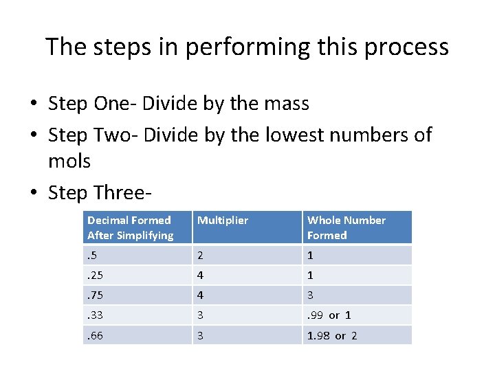 The steps in performing this process • Step One- Divide by the mass •
