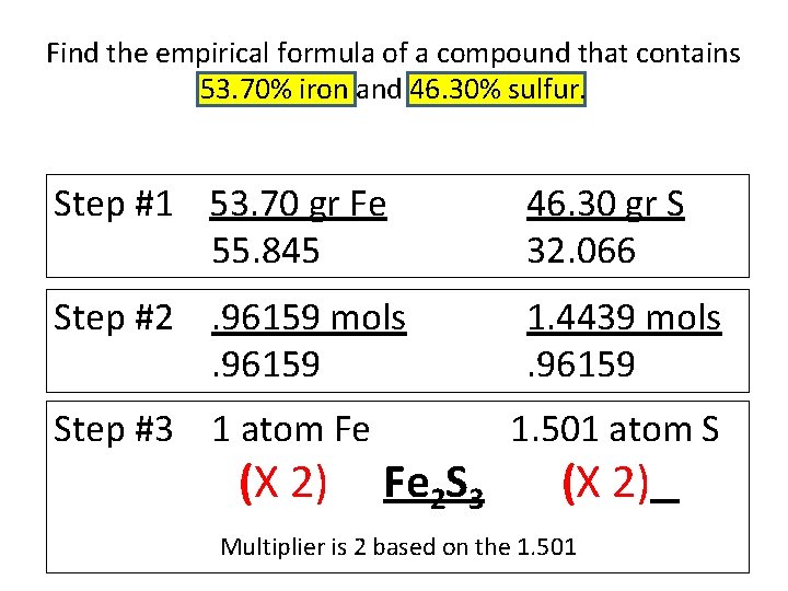 Find the empirical formula of a compound that contains 53. 70% iron and 46.