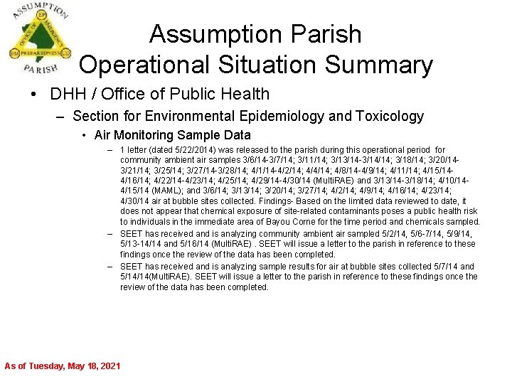 Assumption Parish Operational Situation Summary • DHH / Office of Public Health – Section