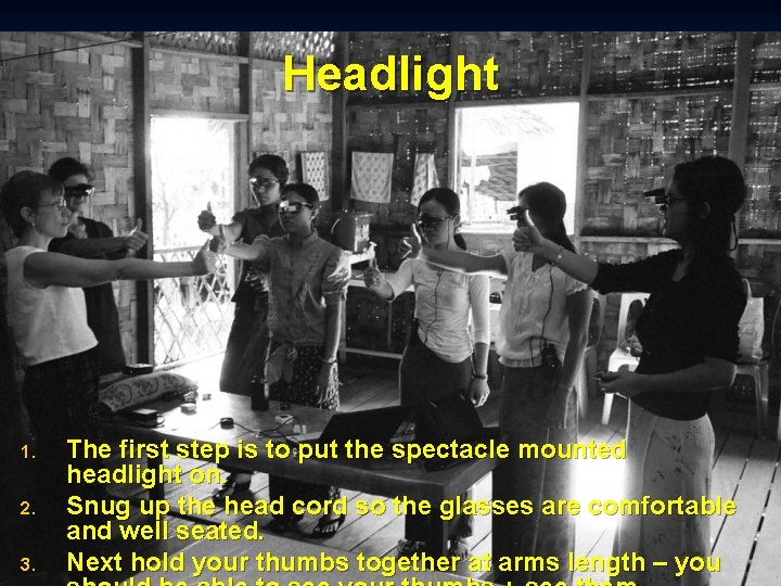 Headlight 1. 2. 3. The first step is to put the spectacle mounted headlight