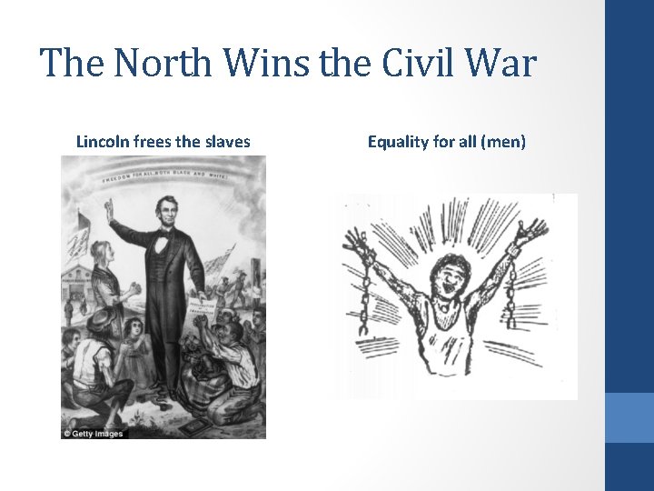 The North Wins the Civil War Lincoln frees the slaves Equality for all (men)