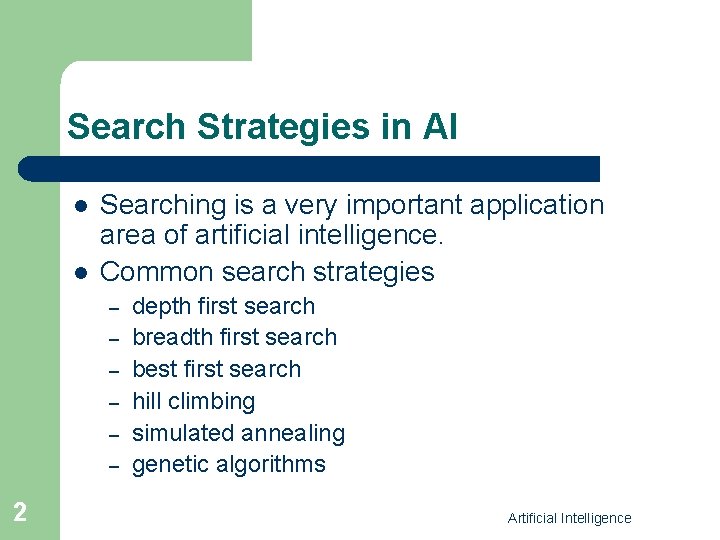 Search Strategies in AI l l Searching is a very important application area of
