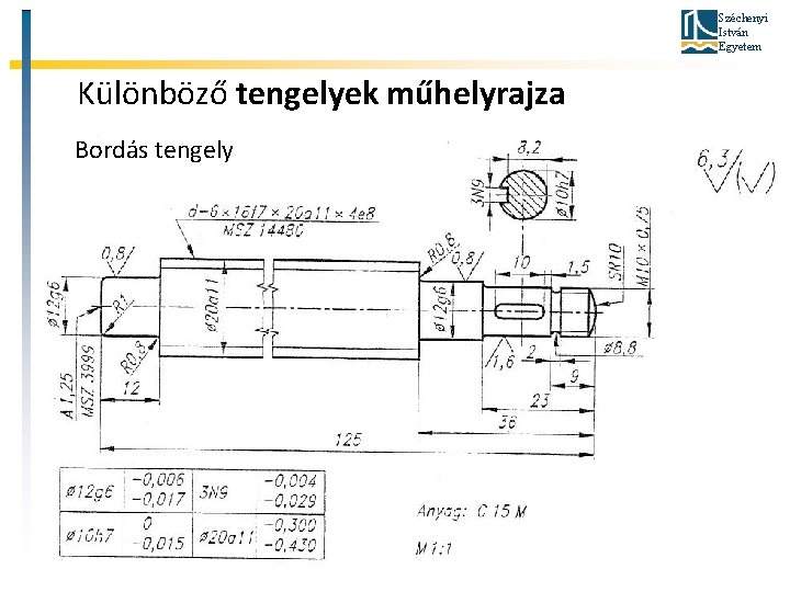 Széchenyi István Egyetem Különböző tengelyek műhelyrajza Bordás tengely 