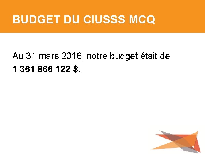 BUDGET DU CIUSSS MCQ Au 31 mars 2016, notre budget était de 1 361