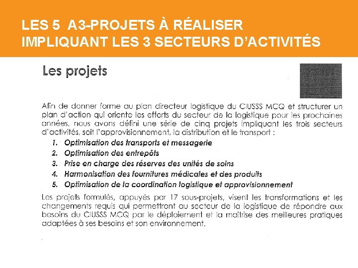 LES 5 A 3 -PROJETS À RÉALISER IMPLIQUANT LES 3 SECTEURS D’ACTIVITÉS 