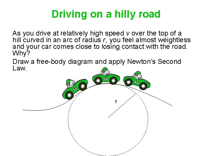 Driving on a hilly road As you drive at relatively high speed v over