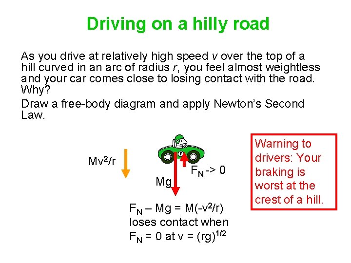 Driving on a hilly road As you drive at relatively high speed v over