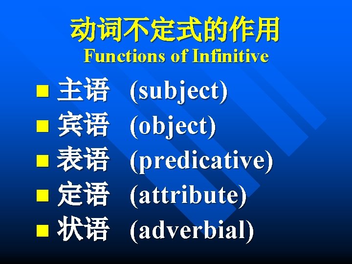 动词不定式的作用 Functions of Infinitive n 主语 n 宾语 n 表语 n 定语 n 状语