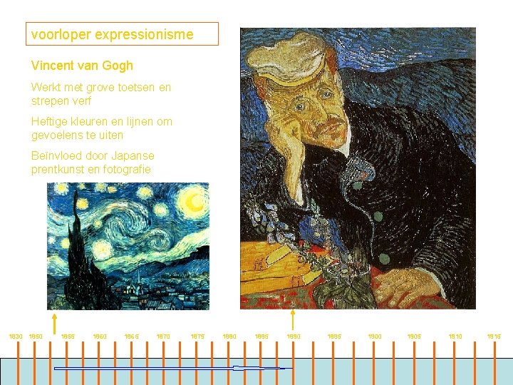 voorloper expressionisme Vincent van Gogh Werkt met grove toetsen en strepen verf Heftige kleuren