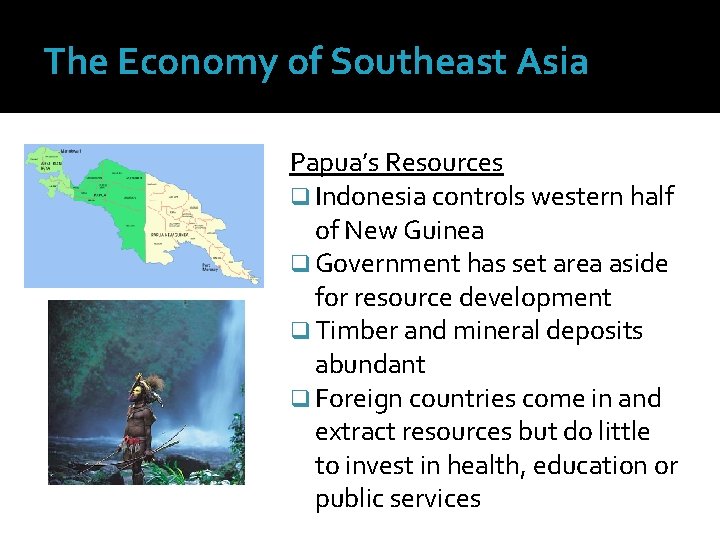 The Economy of Southeast Asia Papua’s Resources q Indonesia controls western half of New
