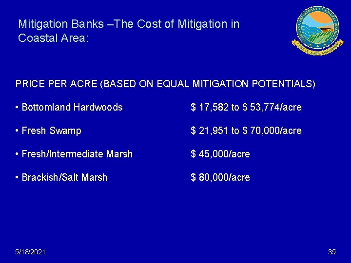 Mitigation Banks –The Cost of Mitigation in Coastal Area: PRICE PER ACRE (BASED ON