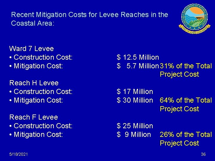 Recent Mitigation Costs for Levee Reaches in the Coastal Area: Ward 7 Levee •