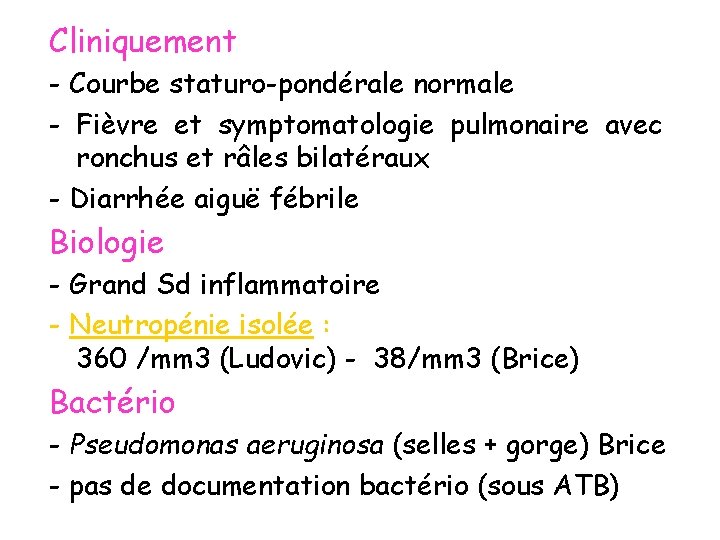 Cliniquement - Courbe staturo-pondérale normale - Fièvre et symptomatologie pulmonaire avec ronchus et râles