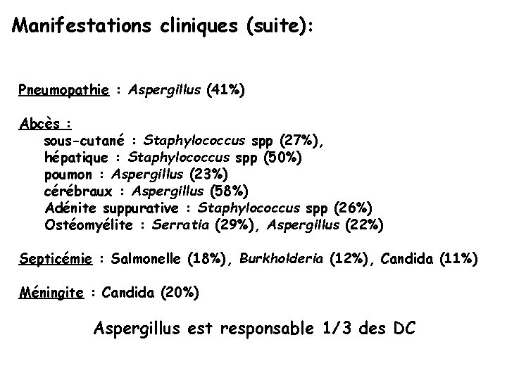 Manifestations cliniques (suite): Pneumopathie : Aspergillus (41%) Abcès : sous-cutané : Staphylococcus spp (27%),