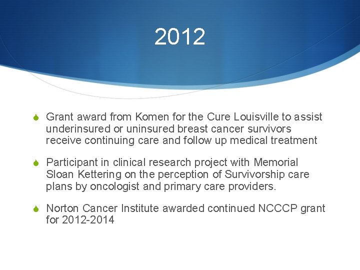 2012 S Grant award from Komen for the Cure Louisville to assist underinsured or