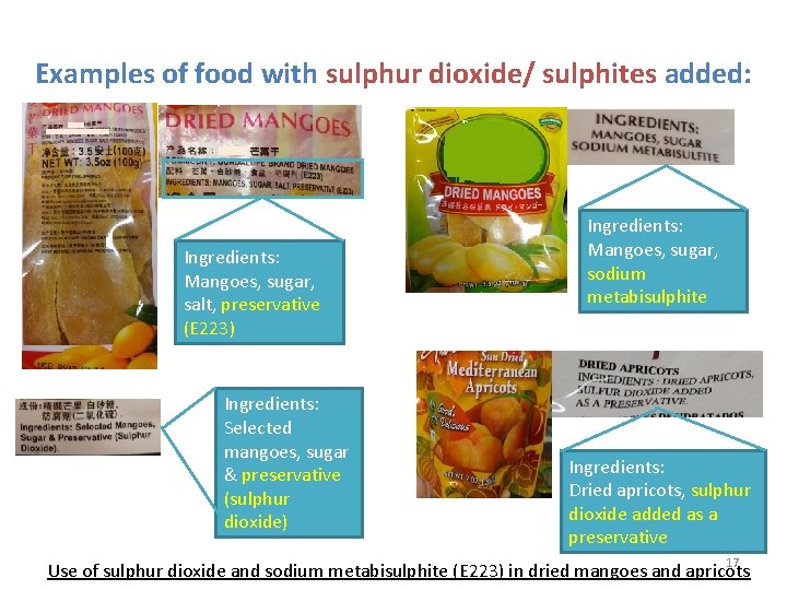 Examples of food with sulphur dioxide/ sulphites added: Ingredients: Mangoes, sugar, salt, preservative (E