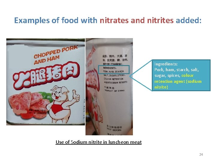 Examples of food with nitrates and nitrites added: Ingredients: Pork, ham, starch, salt, sugar,