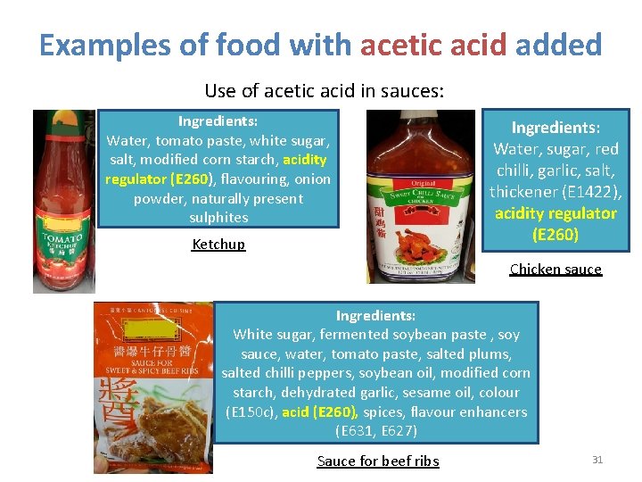 Examples of food with acetic acid added Use of acetic acid in sauces: Ingredients: