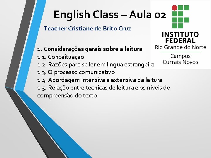 English Class – Aula 02 Teacher Cristiane de Brito Cruz 1. Considerações gerais sobre