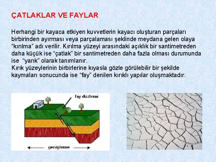 ÇATLAKLAR VE FAYLAR Herhangi bir kayaca etkiyen kuvvetlerin kayacı oluşturan parçaları birbirinden ayırması veya