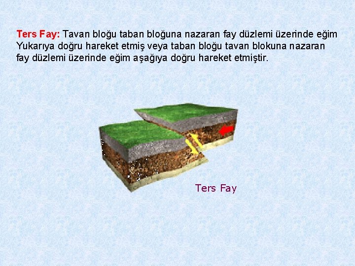 Ters Fay: Tavan bloğu taban bloğuna nazaran fay düzlemi üzerinde eğim Yukarıya doğru hareket