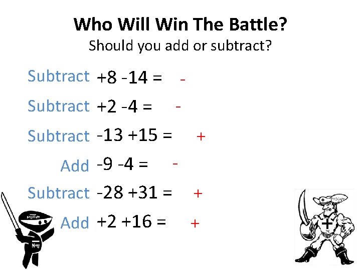 Who Will Win The Battle? Should you add or subtract? Subtract +8 -14 =