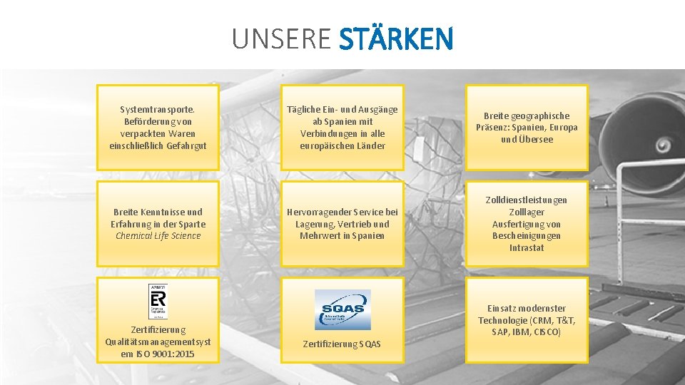 UNSERE STÄRKEN Systemtransporte. Beförderung von verpackten Waren einschließlich Gefahrgut Breite Kenntnisse und Erfahrung in