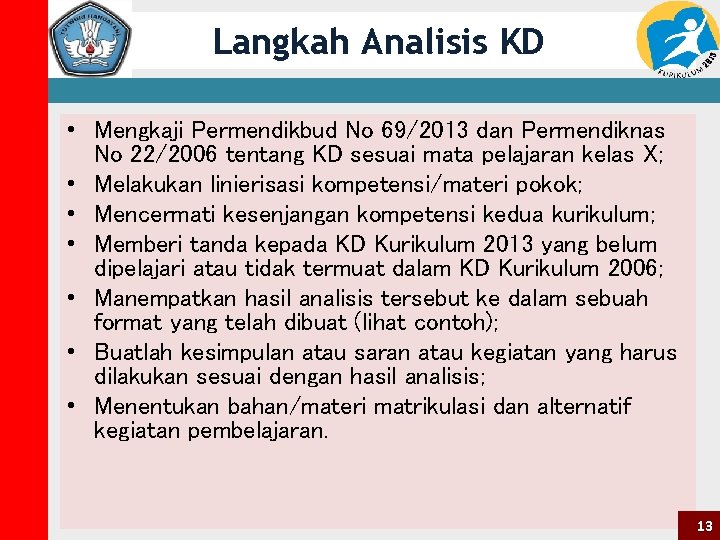 Langkah Analisis KD • Mengkaji Permendikbud No 69/2013 dan Permendiknas No 22/2006 tentang KD