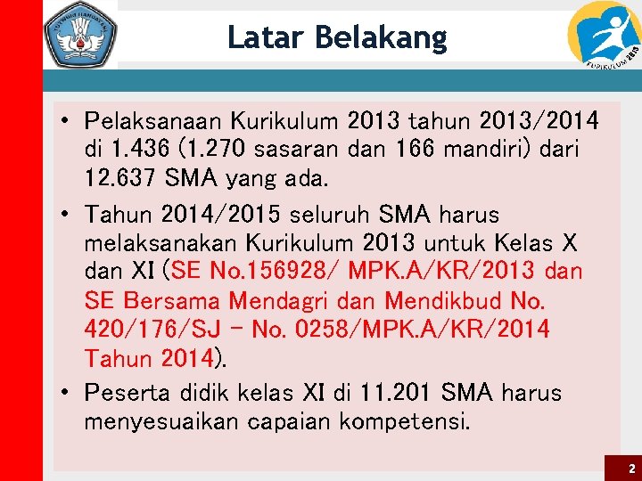 Latar Belakang • Pelaksanaan Kurikulum 2013 tahun 2013/2014 di 1. 436 (1. 270 sasaran