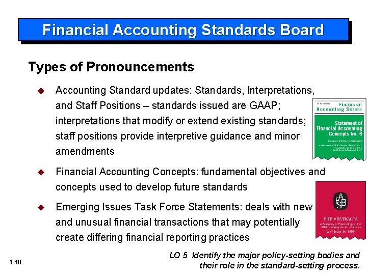 Financial Accounting Standards Board Types of Pronouncements u Accounting Standard updates: Standards, Interpretations, and