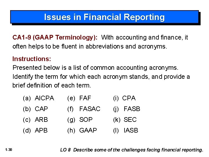 Issues in Financial Reporting CA 1 -9 (GAAP Terminology): With accounting and finance, it