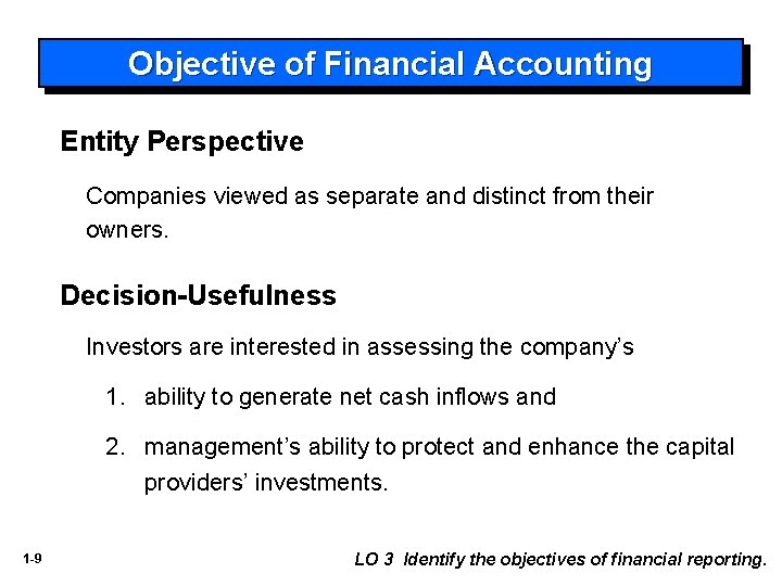 Objective of Financial Accounting Entity Perspective Companies viewed as separate and distinct from their