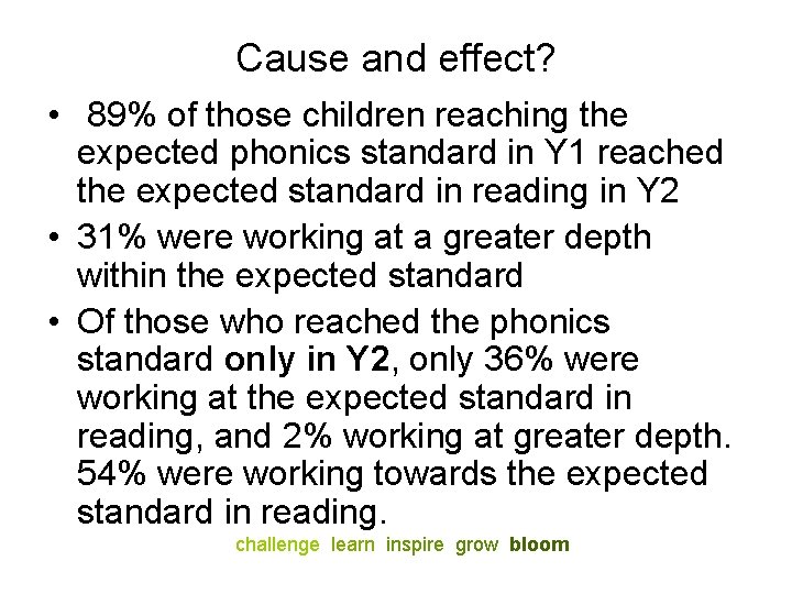 Cause and effect? • 89% of those children reaching the expected phonics standard in