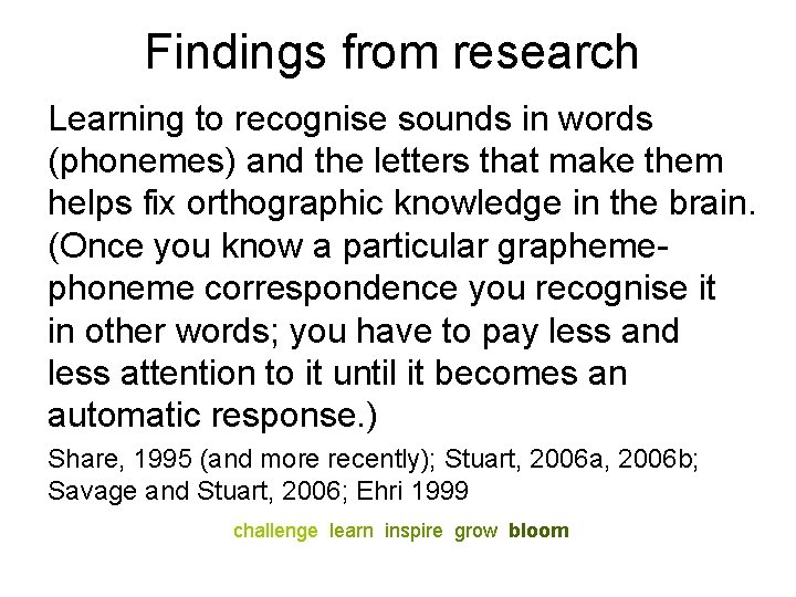 Findings from research Learning to recognise sounds in words (phonemes) and the letters that