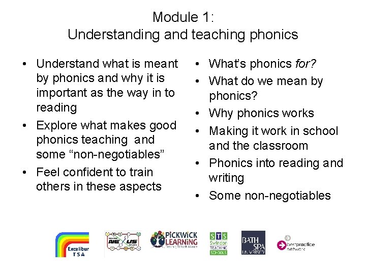 Module 1: Understanding and teaching phonics • Understand what is meant by phonics and