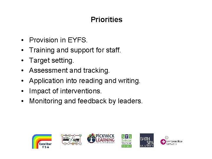 Priorities • • Provision in EYFS. Training and support for staff. Target setting. Assessment