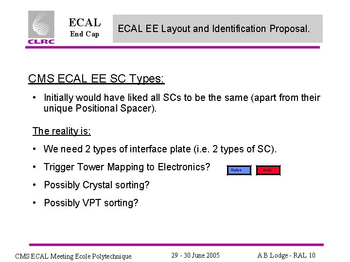 ECAL End Cap ECAL EE Layout and Identification Proposal. CMS ECAL EE SC Types: