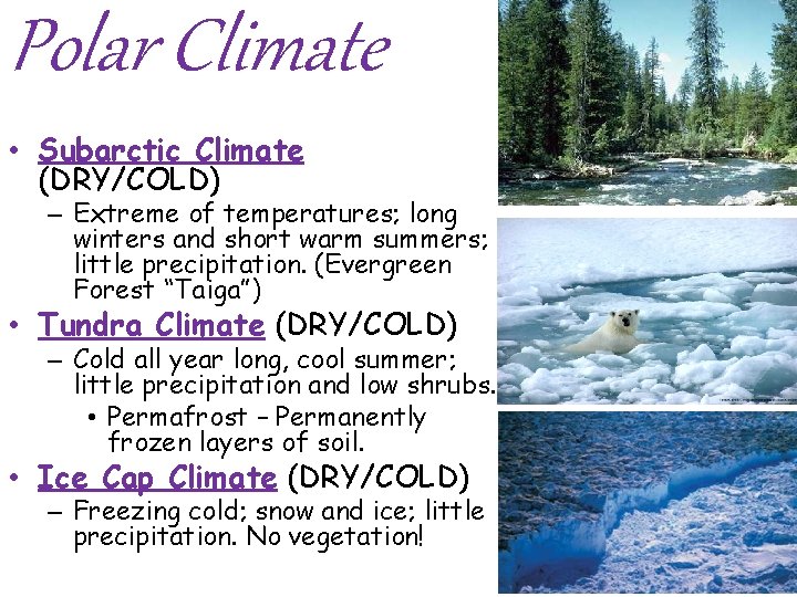 Polar Climate • Subarctic Climate (DRY/COLD) – Extreme of temperatures; long winters and short