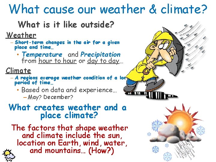 What cause our weather & climate? What is it like outside? Weather – Short-term