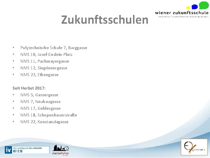 Zukunftsschulen • • • Polytechnische Schule 7, Burggasse NMS 10, Josef-Enslein-Platz NMS 11, Pachmayergasse