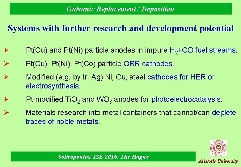 Galvanic Replacement / Deposition Systems with further research and development potential Ø Pt(Cu) and
