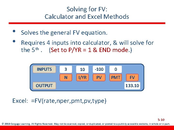 Solving for FV: Calculator and Excel Methods • • Solves the general FV equation.