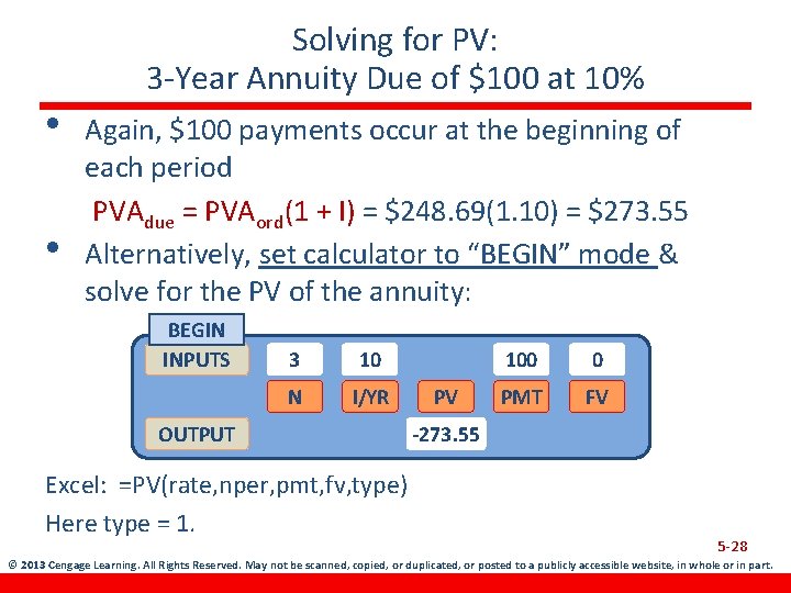  • • Solving for PV: 3 -Year Annuity Due of $100 at 10%