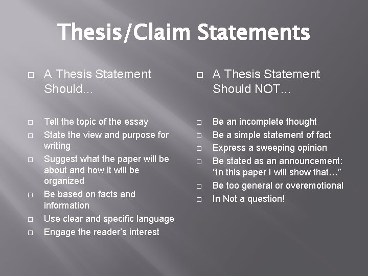 Thesis/Claim Statements A Thesis Statement Should… Tell the topic of the essay State the